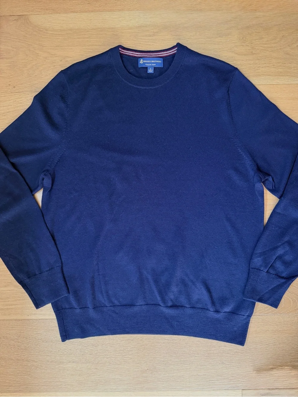 Brooks Brothers 100% Merino Wool Italian Yarn Navy Blue Crewneck Sweater Mens L